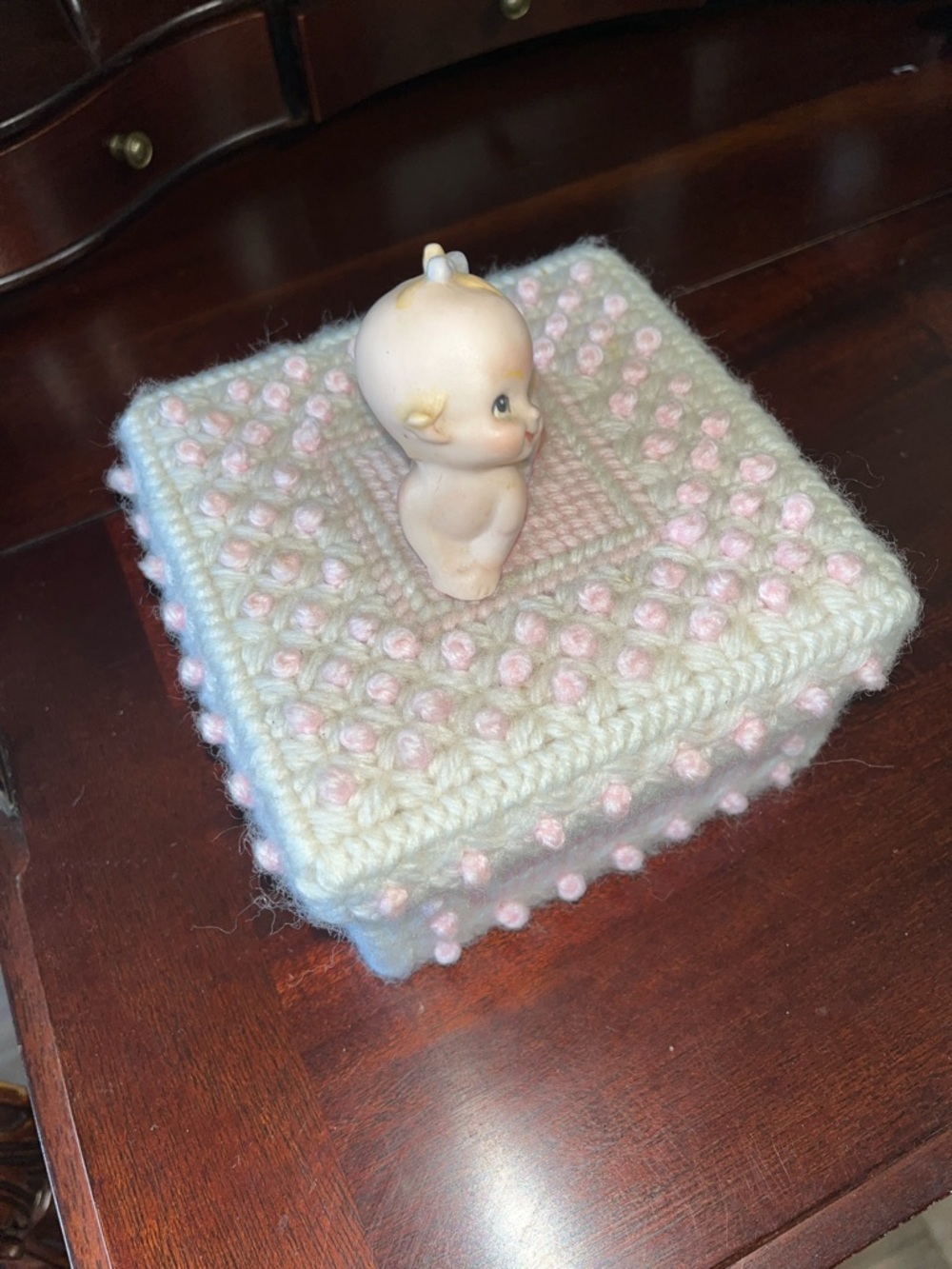 Cream and Pale Pink Crocheted Trinket Box with Ceramic Baby Topper